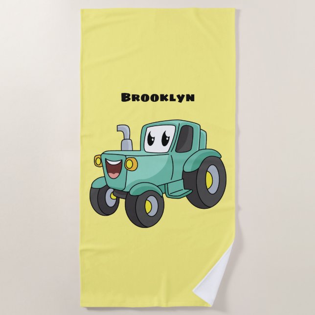 Serviette De Plage Caricature joli tracteur vert joyeux (Devant)
