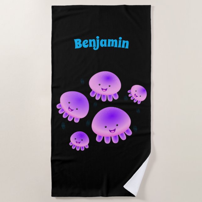 Serviette De Plage Caricature kawaii de méduse violette rose mou (Devant)