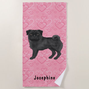 Serviette De Plage Carlin noir Mops et coeurs roses avec nom
