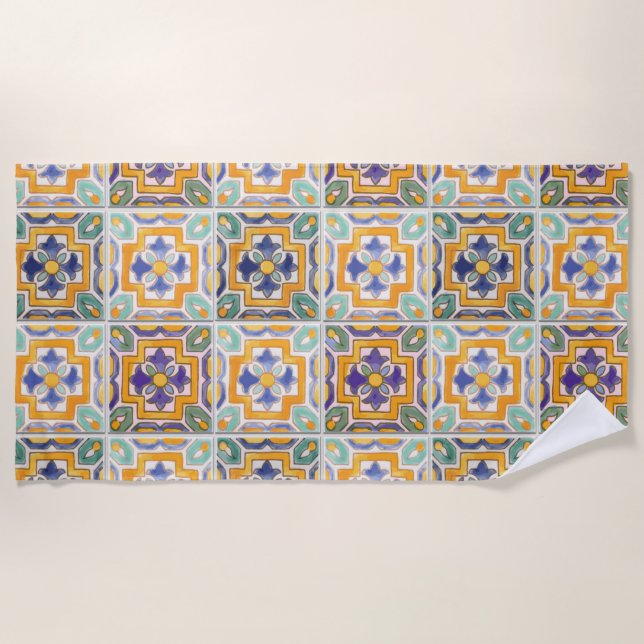 Serviette de plage carrelée orange-vert-bleu (Devant)