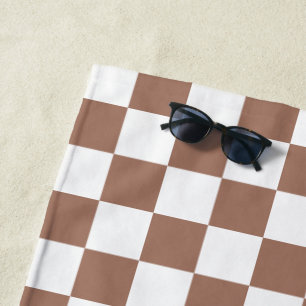 Serviette De Plage Carrés à damier marron moka blanc géométrique rétr
