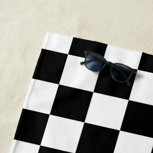Serviette De Plage Carrés à damier noir et blanc géométrique rétro