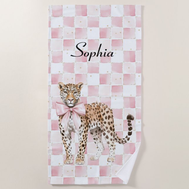 Serviette De Plage Carrés de la ceinture rose léopard (Devant)