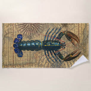 Serviette De Plage Carte de homard bleu vintage en collage : Thème na