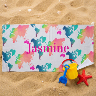 Serviette De Plage Carte du monde colorée pour enfants avec nom perso