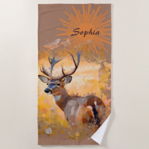 Serviette De Plage Cerf majestueux dans un champ de fleurs sauvages