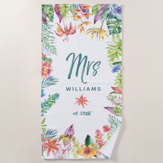 Serviette De Plage Chaîne d'aquarelle florale tropicale récemment mar