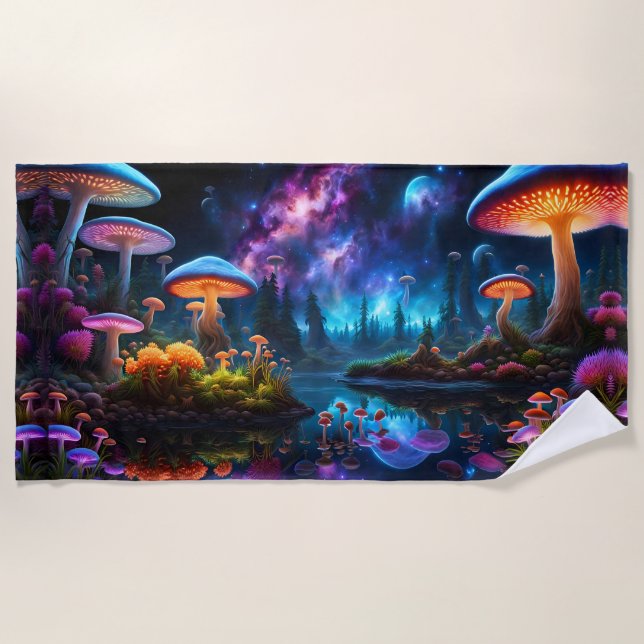 Serviette De Plage Champignons Aliens bioluminescents sur une planète (Devant)
