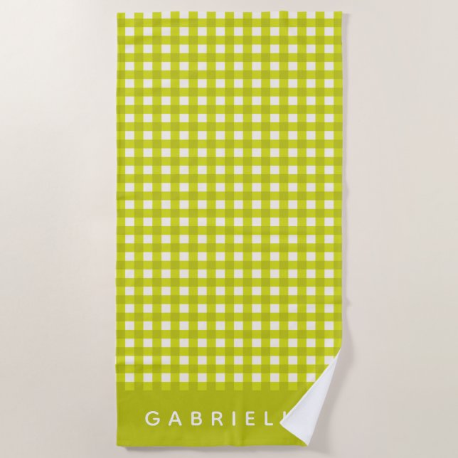 Serviette De Plage Chartreuse Gingham Nom Personnalisé Été Mignon (Devant)
