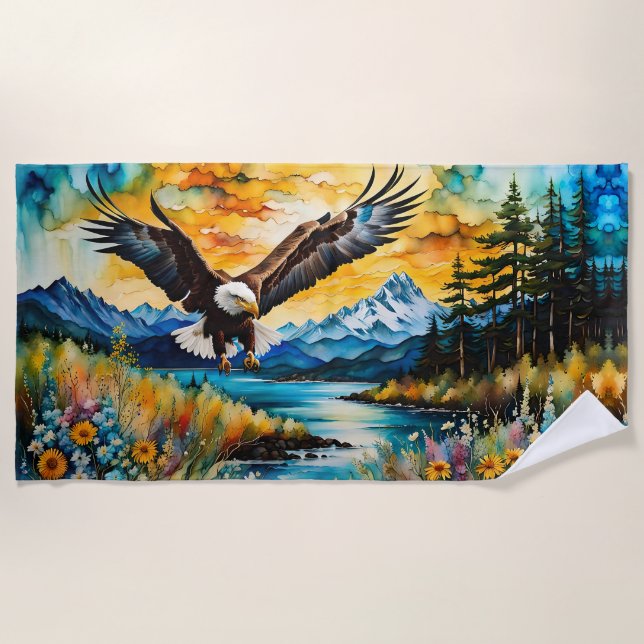 Serviette De Plage Chasse à l'aigle à tête blanche en fleur sauvage (Devant)