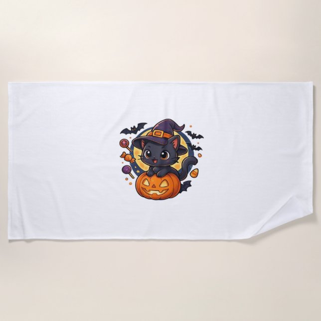 Serviette De Plage Chat à sorcière sur Citrouille - Halloween Art Ove (Devant)
