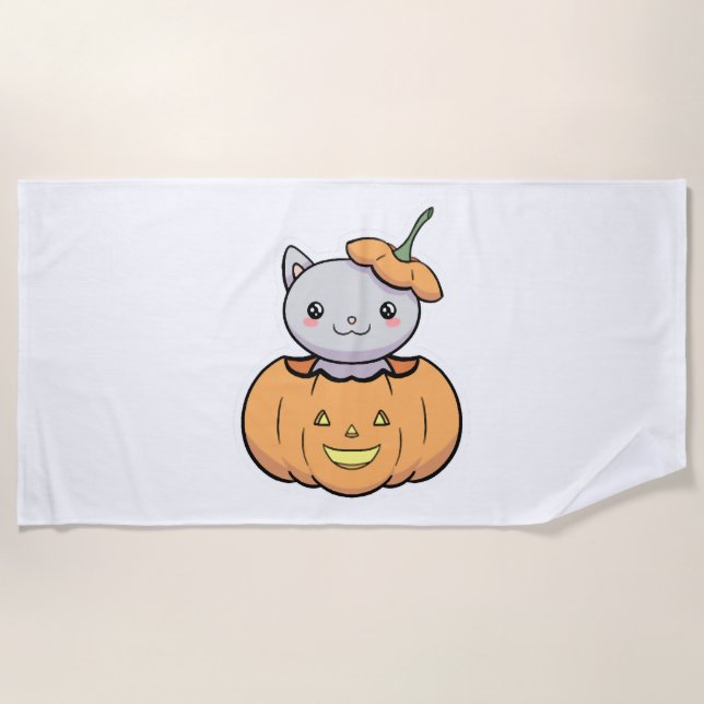 Serviette De Plage Chat Citrouille d'Halloween (Devant)