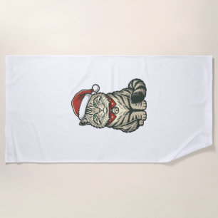 Serviette De Plage Chat de Noël Chapeau de Père Noël Dessin de Gravur