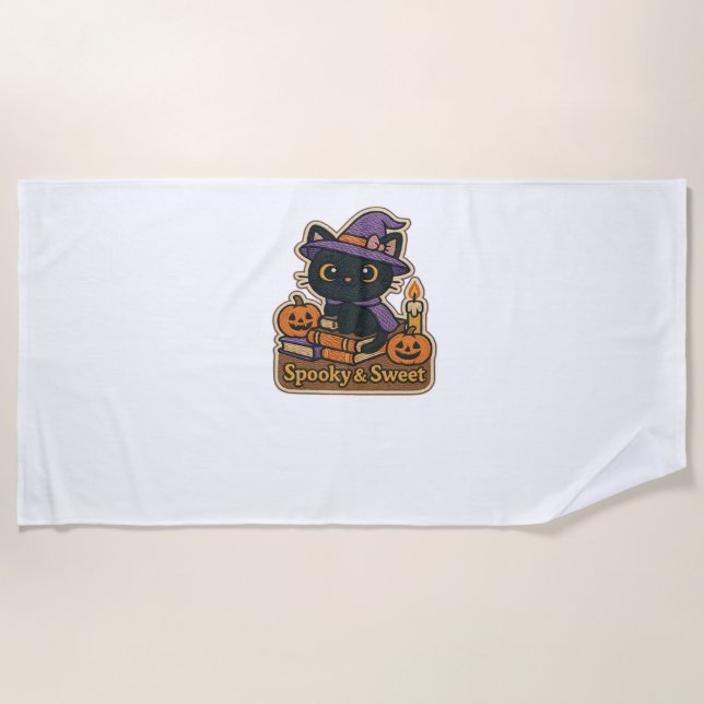 Serviette De Plage Chat d'Halloween avec Livres Magiques - Em Éffraya (Devant)