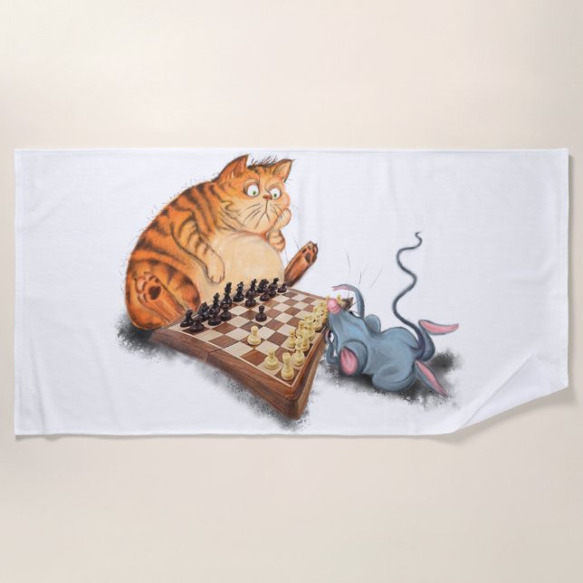 Serviette De Plage Chat et souris Jouer aux échecs Dessin drôle (Devant)