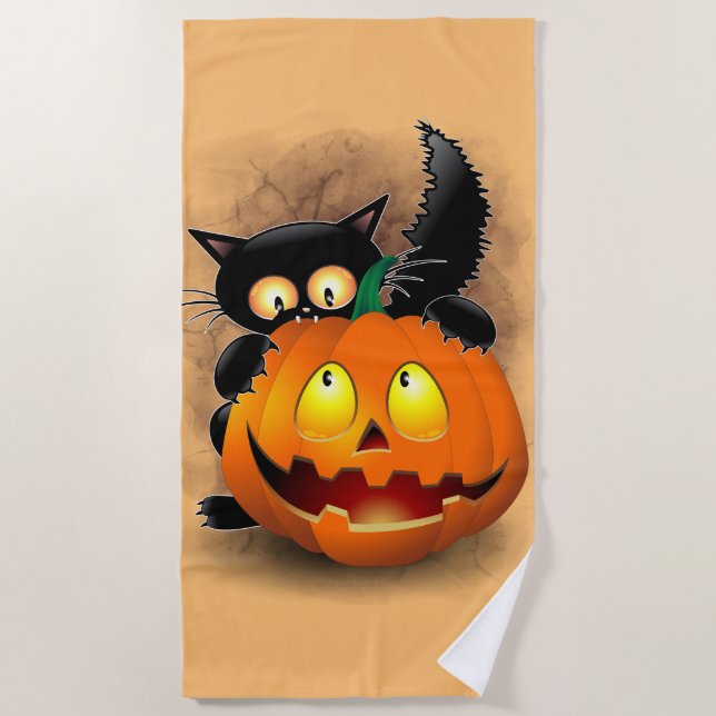 Serviette De Plage Chat Fun Halloween Caractère mordant un Citrouille (Devant)