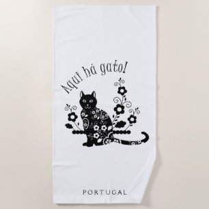 Serviette De Plage Chat noir avec des fleurs et expression portugaise