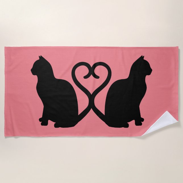 Serviette De Plage Chat romantique Silhouette Coeur avec Coral rose (Devant)