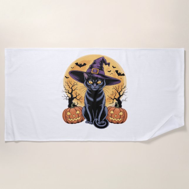 Serviette De Plage Chat sur T-shirt citrouille Halloween (Devant)