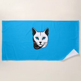 Serviette De Plage Chat tête en noir et blanc Yeux bleus + texte