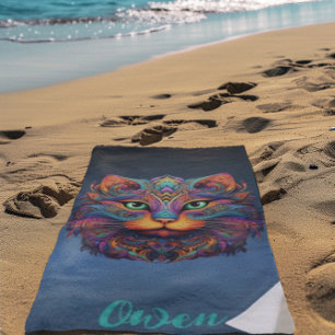 Serviette De Plage Chat Tribal Coloré - Boho Vibrant Personnalisé