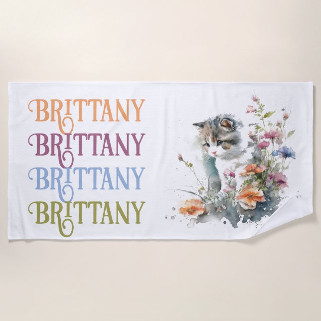 Serviette De Plage Chaton tigre blanc en Monogramme de fleurs (Devant)