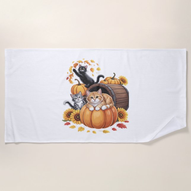 Serviette De Plage Chats Automne Citrouilles Thanksgiving Sunflower O (Devant)