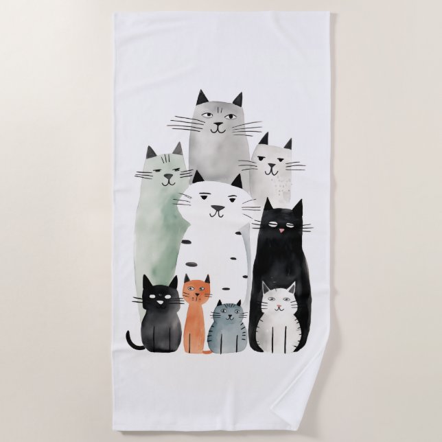 Serviette De Plage Chats et amis Aquarelle Gouache Illustration (Devant)
