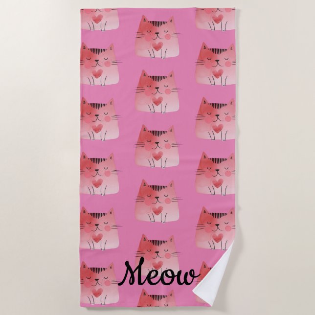 Serviette De Plage Chats roses girly à coeur  (Devant)