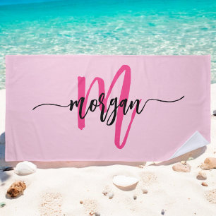 Serviette De Plage Chaud rose moderne Script Girl Monogramme Nom