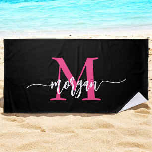 Serviette De Plage Chaud rose noir moderne Script Girl Monogramme Nom