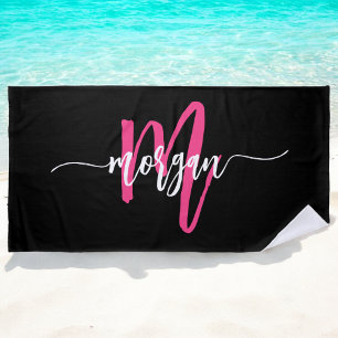 Serviette De Plage Chaud rose noir moderne Script Girl Monogramme Nom