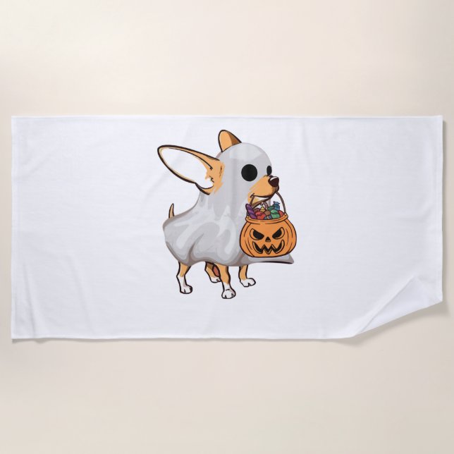 Serviette De Plage Chemise Halloween du Citrouille fantôme du Chihuah (Devant)