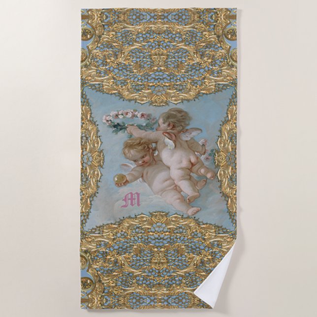Serviette De Plage Cherubs en jeu Monogramme baroque (Devant)