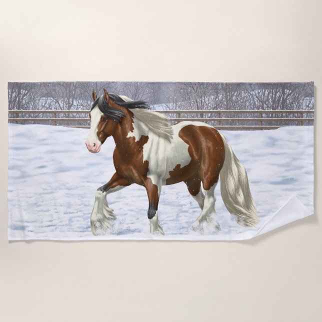 Serviette De Plage Cheval Brougeot Gitan Pinto De Baie À Neige (Devant)