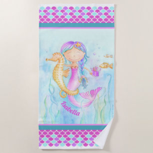 Serviette De Plage Cheval de mer Mermaid aquarelle art nom personnali