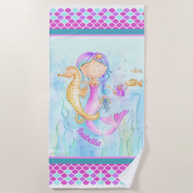 Serviette De Plage Cheval de mer Mermaid aquarelle art nom personnali (Devant)