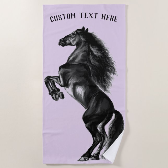 Serviette De Plage Cheval noir personnalisé Texte personnalisé Servie (Devant)