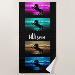 Serviette De Plage Cheval noir violet, Bleu, Turquoise, Ciel doré & E