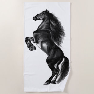 Serviette De Plage Cheval sauvage noir dressé - Dessin noir et blanc