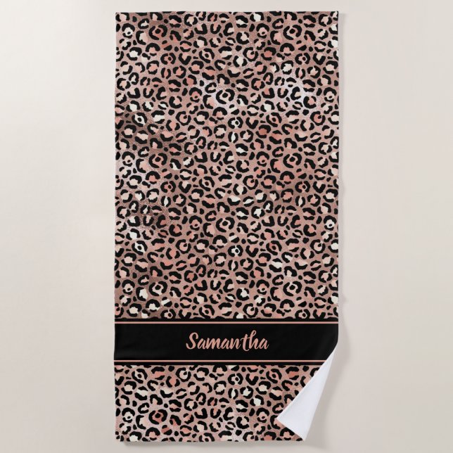 Serviette De Plage Chic Black Rose Gold Empreinte de léopard personna (Devant)