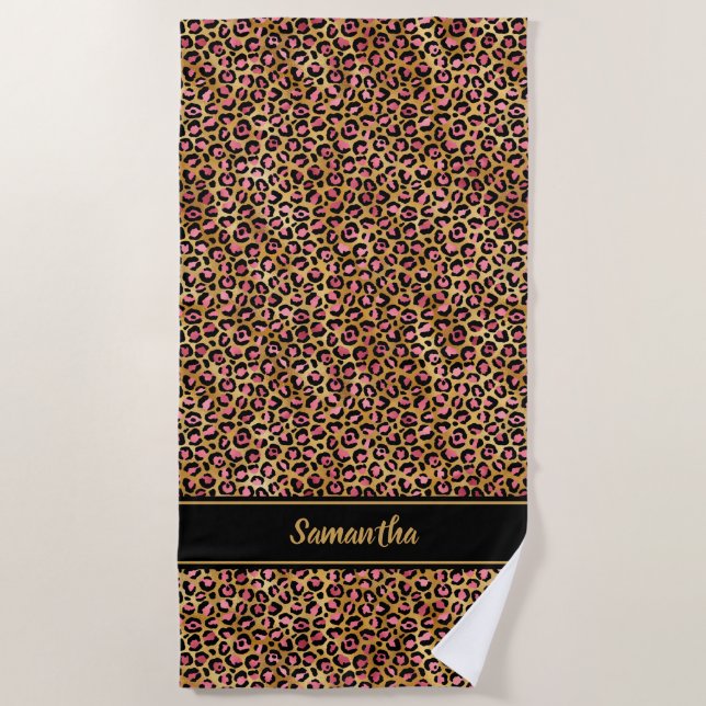 Serviette De Plage Chic Black Rose Gold Empreinte de léopard Personna (Devant)