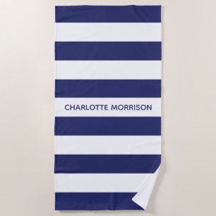 Serviette De Plage Chic bleu marine rayures blanches nom personnalisé