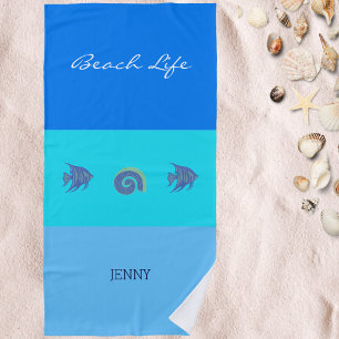 Serviette De Plage Chic Blue Stripes Nom Coquille et poisson