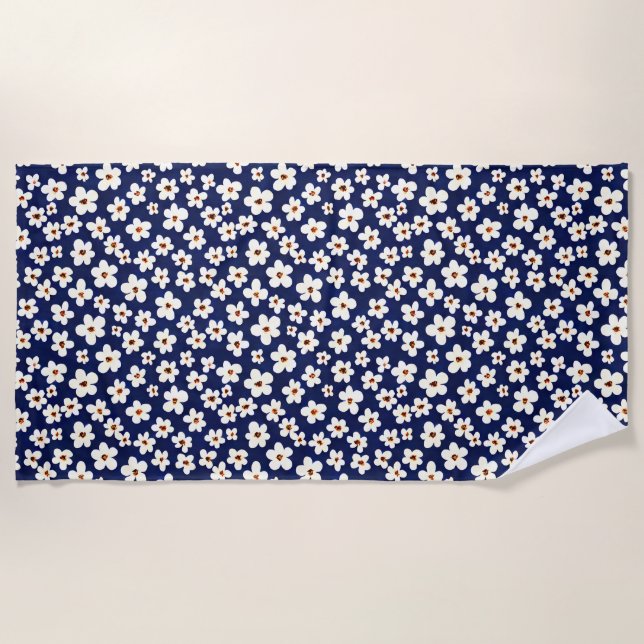 Serviette De Plage Chic Boho Daisies Bleu foncé Motif Coque Coussin (Devant)