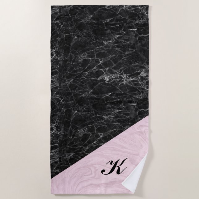 Serviette De Plage Chic Elegant Noir Rose Marbre Plage Monogramme T (Devant)