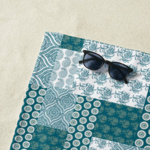 Serviette De Plage Chic ethnique Faux Patchwork Motif, Turquoise et b
