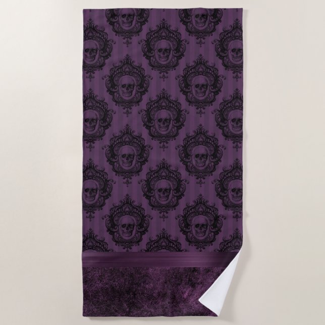 Serviette De Plage Chic gothique pourpre | Aubergine et crâne noir (Devant)