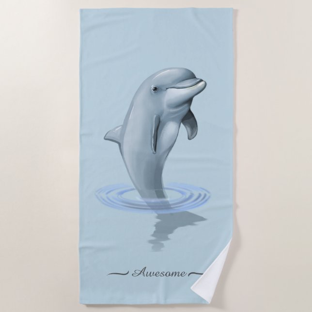 Serviette De Plage Chic Moderne Dauphin & Script sur Fond Bleu Clair (Devant)