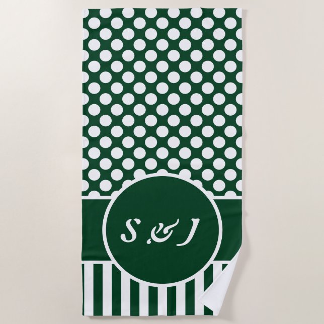 Serviette De Plage Chic Monogramme Green Polka Dot (Devant)